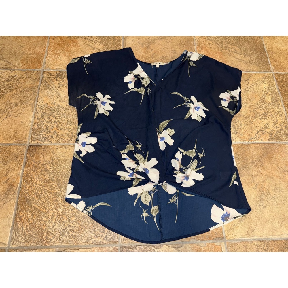 Beacon Navy Blue Floral Front Twist V-Neck Blouse Top Large